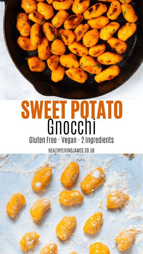 Healthy 2 ingredient Homemade Sweet Potato Gnocchi. It's gluten-free & vegan and super simple to make. Perfect comforting family friendly pasta recipe. #homemade #sweetpotato #gnocchi Gluten Free Gnocchi, Sweet Potato Gnocchi, Potato Gnocchi, Vegan Gluten Free Recipes, Gluten Free Dairy Free Recipes, Gluten Free Recipes Easy, Gf Recipes, 2 Ingredient, Gluten Free Cooking