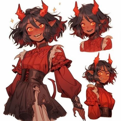 Wild Hair Character Design, Dresses Character Design, Fantasy Hair Reference, Oc Hair Inspiration, Cute Demon Character Design, Dnd Demon Character, Bubbly Character Design, Demon Girl Character Design, Dragon Girl Character Design