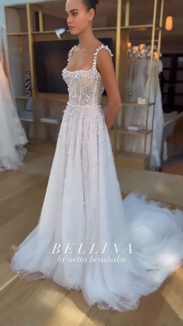 Pearls Wedding Dress, Romantic A Line Wedding Dress, Wedding Dress With Pearls, Square Illusion, Weddding Dress, Dress With Pearls, Pearl Wedding Dress, Beach Bridal Gown, Pretty Wedding Dresses