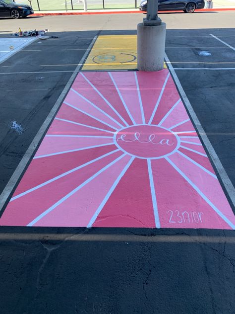 Class Of 2024 Parking Spot, Senior Brick Wall Painting Ideas, Boho Senior Parking Spot, Hot Pink Parking Spot, Parking Space Design, Senior Parking Spot Girly, Senior Parking Space Ideas Volleyball, Simple Parking Spot Ideas, Chalk Parking Spot Ideas