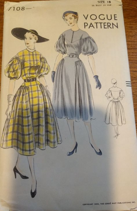 Vintage Clothes Patterns, Drop Shoulder Dress, Dresses 50s, Fashion Timeline, Yoke Dress, Back Skirt, 20th Century Fashion, Vintage Dress Patterns, Vogue Pattern