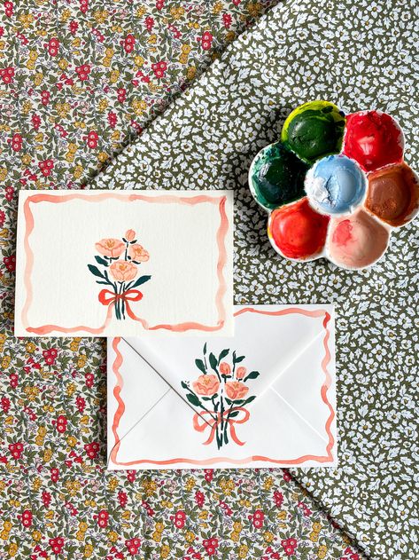 Elevate your correspondence with this exquisite hand-painted notecard and envelope set. Each piece is a unique work of art, adding a touch of creativity and personalisation to your messages. Hand Painted Invitations, Painting Birthday, Cute Envelopes, Pen Pal Letters, Hand Painted Gifts, Bday Cards, Envelope Art, Beautiful Stationery, Paint Cards