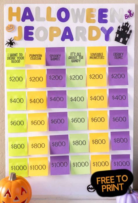 This Halloween Jeopardy game is one of the best Halloween games ever! Tons of different Halloween trivia questions for teens and adults - it's perfect for your next Halloween party! Group Halloween Party Games, Diy Halloween Games Party Ideas, Halloween Group Activities For Adults, Halloween Jeopardy Game For Kids, Halloween Games For 3rd Grade Party, Halloween Jeapordy, Halloween Jeopardy Questions, Halloween Jepordy, Group Halloween Games