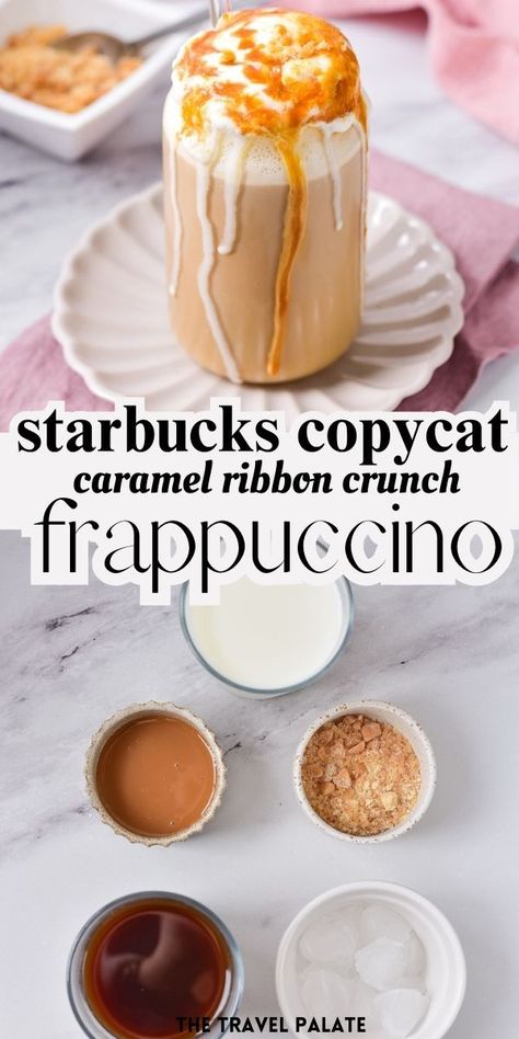 Caramel Ribbon Crunch Frappuccino, Ribbon Crunch Frappuccino, Caramel Ribbon Crunch, Starbucks Frappuccino Recipe, Frappuccino Starbucks, Fast Food Drinks, Homemade Coffee Creamer, Caramel Frappuccino, Crunch Recipe