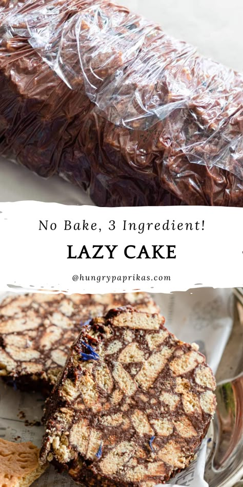 Top photo: lazy cake rolled in plastic wrap Bottom photo: slices of lazy cake on a tray Healthy Lazy Cake, Lazy Cake Recipe, Cake Recipes Without Milk, Hungry Paprikas, Quick Yummy Desserts, Dessert No Bake, Cake No Bake, Lazy Cake, Paprika Recipes