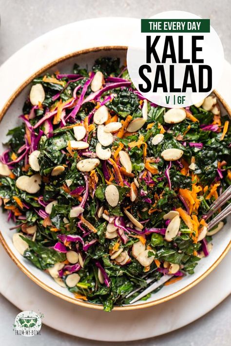 A simple, hearty, and wholesome kale salad for weeknight dinners or meal prep. Made from budget and fridge-friendly ingredients, you'll make this over and over! #kalesaald #kale #mealprep #vegan #vegansalad | frommybowl.com Kale Salad Recipes, Vegan Salad Recipes, Kale Recipes, Vegan Salad, Easy Salad Recipes, Kale Salad, Weeknight Dinners, Easy Salads, Healthy Salad Recipes