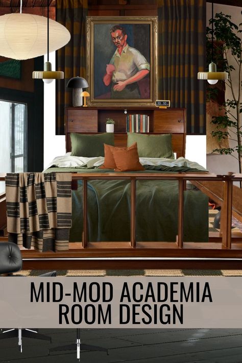 Explore the timeless elegance of Mid-Mod Academia Room Design through our thoughtfully curated interior design mood board. Elevate your space with moody bedroom decor that effortlessly combines style and comfort. Modern Cabin Bathroom, Modern Cabin Kitchen, Moody Mid Century Modern, Modern Cabin In The Woods, Modern Academia, Curated Interior, Modern Cabin Plans, Cabinet Hardware Modern, Moody Bedroom Decor