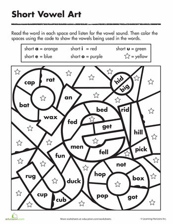 Short Vowel Art Worksheet: Color by Short Vowel Sound. Students read the word in each space and listen for the vowel sound. Then they use the code that shows which short vowel is being used to color in the spaces. Short Vowel Coloring Worksheet, Short Vowel Sounds Worksheets 1st Grades, Phonics Coloring Sheets, Vowel Coloring Pages, Short Vowel Review, Short Vowel Activities 2nd Grade, Short Vowel Sounds Activities, Cvc Coloring Worksheets, Long And Short Vowels Worksheets