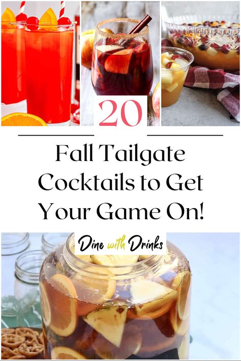 Collage of 4 fall tailgate cocktails. Tailgate Batch Cocktail, Tailgate Cocktails Alcohol, Shots For Tailgating, Tailgating Drinks Alcohol, Tailgate Cocktails Football, Game Day Cocktails Football Season, Tailgate Punch Alcohol, Fall Tailgate Drinks, Tailgate Drinks Alcohol Football Season