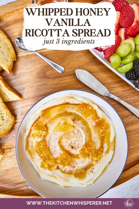 Just 3 ingredients are needed to make this easy & incredibly delicious recipe. From bagels to desserts, fruit to crostini, this is truly irresistible! Deliciously Easy 3-Ingredient Vanilla Honey Whipped Ricotta, sweetened ricotta, ricotta spread, dessert ricotta, uses for leftover ricotta, bagel spread, crostini spread, cheesy dip, fruit dip Ricotta Dip Recipes Desserts, Whipped Ricotta Dessert, Whipped Ricotta Dip Honey, Whipped Riccota, Whipped Ricotta Appetizer, Ricotta Honey Dip, Honey Ricotta Dip, Dessert Crostini, Whipped Honey Ricotta