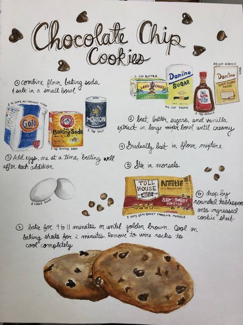 "An 11x14\" art print of my original watercolor painting of the best chocolate chip cookie recipe. Custom paintings available, just message me! This piece will come to you shipped flat, in a protective archival sleeve. All rights reserved, copyright ShanaColwesArt 2017" Cookies Illustration, Recipe Illustration, Best Chocolate Chip Cookie Recipe, Homemade Recipe Books, Recipe Book Diy, Best Chocolate Chip Cookies Recipe, Recipe Tea Towel, Homemade Cookbook, Best Chocolate Chip