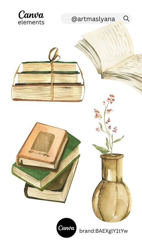 Watercolor vintage books elements on Canva by Canva Vintage Elements, Vintage Canva Elements, Elements On Canva, Reading Hobby, Canva Free Elements, Canva Idea, Elements Of Literature, Autumn Reading, Vintage Reading