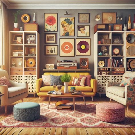 Retro Living Room Retro Vintage Decor Interior Design, 1960s Living Room Ideas, 60s Inspired Living Room, 1970s Inspired Living Room, 70s Living Room Ideas, Kitchy Living Room, Retro Maximalist Decor, Retro Couch Pillows, 70s Living Room 1970s Interior