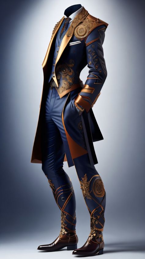 Male Magical Outfits, Fancy Suits For Men Classy, Blue And Gold Suit, Blue Outfits Men, Fantasy Suits Male, Fantasy Fashion Male, Fantasy Suit, Scifi Outfit, Stylish Mens Suits