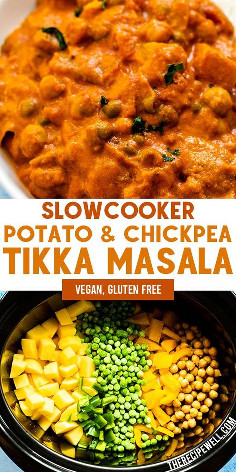 Potato and Chickpea Tikka Masala is the perfect vegan comfort food. Potato, chickpeas, green peas and bell peppers slow cook in a tomato-based sauce along with a warming spice mix. Blended cashews give the sauce a creamy texture. FOLLOW The Recipe Well for more great recipes!  #healthy #crockpot #vegan #vegetarian #glutenfree Fall Dinner Recipes Crockpot Vegetarian, Healthy Veggie Crockpot Recipes, Plant Based Slow Cooker Recipes Healthy, Crockpot Meatless Recipes, Vegan Caribbean Food Recipes, Whole Food Plant Based Crockpot Recipes, Vegan Crockpot Recipes Dinners, Slow Cooker Chickpeas, Crockpot Plant Based Recipes