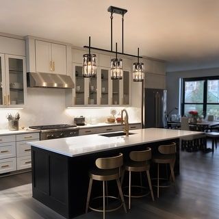 3 Light Chandelier Over Island, Island Kitchen Lighting Pendants, Black Kitchen Island Grey Cabinets, Black Island Dark Floors, Open Kitchen With Big Island, Unique Light Fixtures Kitchen, Bronze And White Kitchen, Darker Island In Kitchen, Modern Kitchen With Vaulted Ceiling