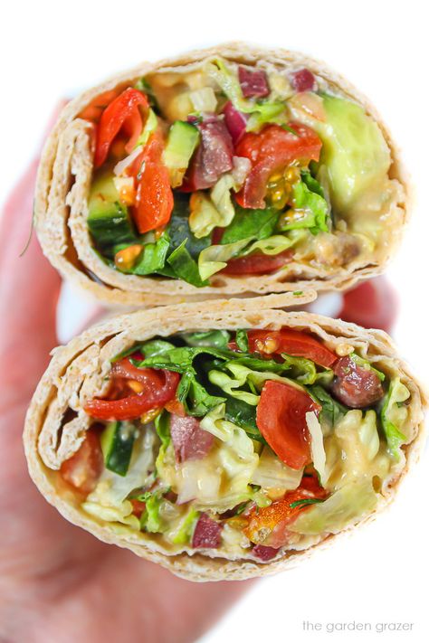 Greek Salad Wrap with Hummus Mediterranean Hummus Wrap, Picnicking Ideas, Healthy Greek Salad, Greek Salad Wrap, Garden Grazer, Sandwich Wraps Recipes, Salad Wrap, Vegan Greek, Vegan Feta Cheese