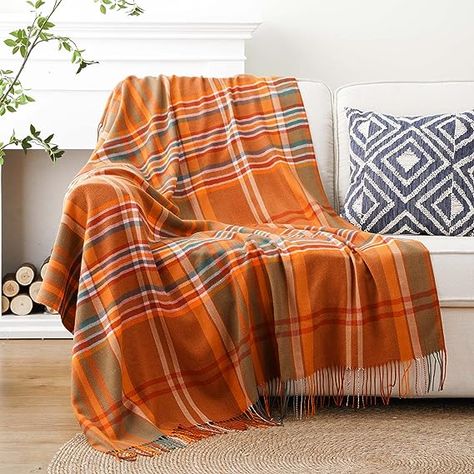 BATTILO HOME Orange Plaid Throw Blanket for Couch, Soft Cozy Checkered Blanket with Tassels, Lightweight Decorative Fall Throw Blanket for Bed, Sofa, Chair, Gifts, Home Decor 50"x60" - Other colours available!! Burnt Orange Throw Blanket, Checkered Blanket, Buffalo Plaid Blanket, Fall Throw Blanket, Plaid Blankets, Fall Blanket, Blanket For Bed, Plaid Throw Blanket, Fall Mood