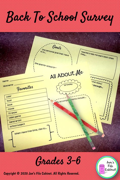 This student survey is the perfect activity for the first day of school or any time of the school year. The purpose of this ready-made resource is to gather important personal and school-related information about students so you can begin to build rapport.  #teacherspayteachers #BackToSchool #classroommanagement  #intermediate #elementary #summerschool #tutoring  #RTI #specialeducation #intervention #grade3 #grade4 #grade5 #grade6 #jansfilecabinet Student Interest Survey, 40 Book Challenge, School All About Me, Interest Survey, Vocabulary Strategies, Student Survey, Book Challenge, School Related, All About Me