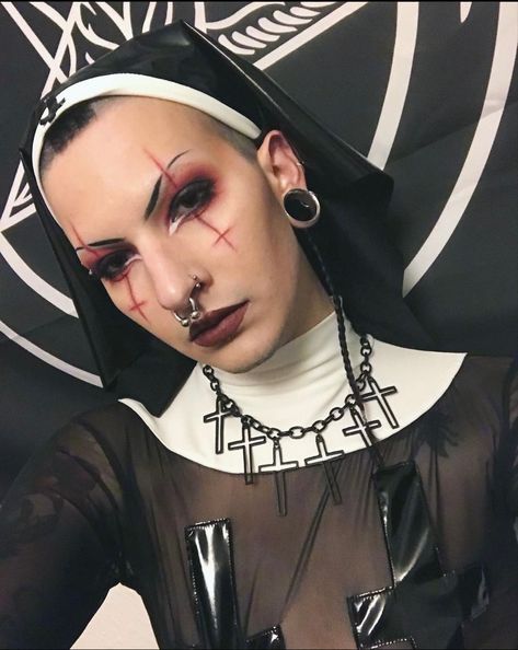 Creepy Halloween Makeup Nun, Nun Makeup Look, Satanic Nun Makeup, Scary Priest Makeup, Spooky Nun Makeup, Demonic Nun Makeup, Satanic Nun Costume, Goth Nun Makeup, Halloween Evil Makeup