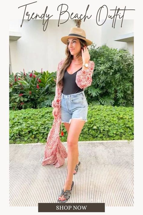 Trendy beach outfits! Resort wear for women. Trendy Beach Outfits, Casual Vacation Outfits, Tropical Vacation Outfits, Beach Outfit For Women, Beach Vacation Packing List, Duster Kimono, Beach Kimono, Resort Wear For Women, Packing List For Vacation