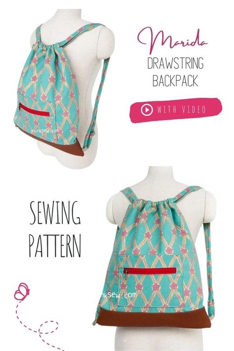 Marida Drawstring Backpack sewing pattern (with video) - Sew Modern Bags Sew A Drawstring Backpack, Diy Drawstring Bag Backpack, Quilt Backpack Pattern, Fabric Backpack Pattern, Simple Backpack Pattern, Free Backpack Patterns To Sew, Easy Backpack Sewing Pattern, Simple Backpack Pattern Free, Draw String Backpack Pattern Free