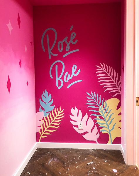 Selfie Wall, Interior Wallpaper, Wall Murals Painted, Yellow Colour, Mural Wall Art, Salon Decor, Colour Palettes, Pink And Yellow, Cafe Design