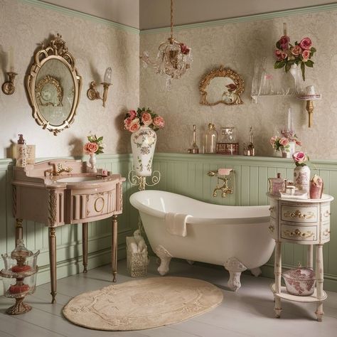 Romantised Life, Rococo Bathroom, Romantic Bathroom Decor, Coquette Bathroom, Shabby Chic Bathroom Decor Ideas, Fairy Bathroom, Girly Bathroom Ideas, Shabby Chic Shower, Romantic Bathrooms