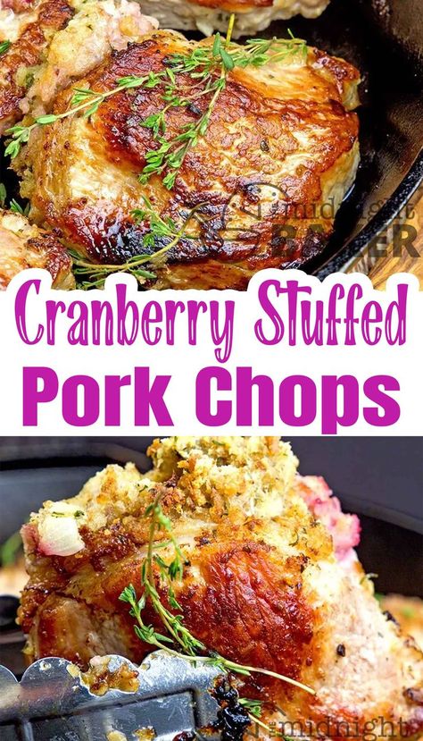 Looking for an easy Christmas dinner recipe? Try this one pan pork chops stuffed with cranberries! You will love the sweet and tangy flavors with fresh herbs. It's fancy enough to serve on date night too. Iron Skillet Pork Chops, One Pan Pork Chops, Stuffed Pork Chops, Easy Christmas Dinner, Pork Entrees, Pork Chop Recipes Baked, Pork Chop Dinner, Stuffed Pork, Pork Dinner