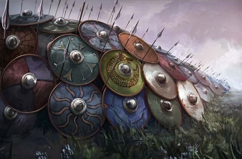 Illustration of a Viking shield wall (unknown artist) Escudo Viking, Arte Viking, Art Viking, Viking Life, Viking Shield, Viking Culture, Bracelet Viking, Ancient Origins, Viking History