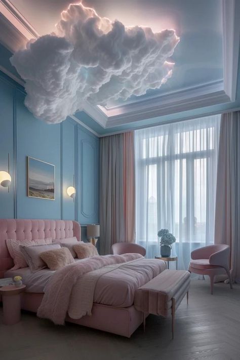 Cloud Room Ideas for Your Dreamy Escape Cloud Living Room Aesthetic, Sky Room Ideas, Bedroom Ideas For Attic Rooms, Cloud Bed Ideas, Cloud Room Ideas, Cloud Bedroom Ideas, Sky Ceiling Bedroom, Cloud Bedroom Aesthetic, Diy Clouds Decorations