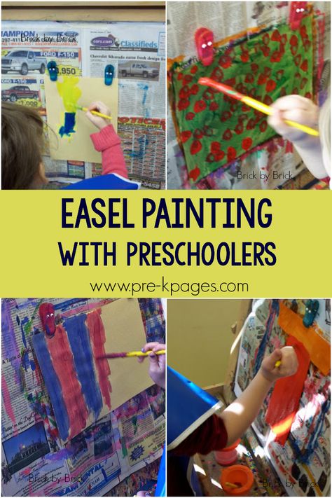 easel painting preschool art: Painting develops literacy skills. Preschoolers make marks on a page to show their ideas or thoughts. They begin to understand how symbols can stand for other things–this is a house and this is me. Preschool Art Easel Ideas, Preschool Easel Art, Preschool Easel Activities, Easel Art Ideas Preschool, Easels For Painting, Easel Painting Ideas Preschool, Easel Ideas For Preschool, Easel Activities For Preschool, Art Corner Preschool