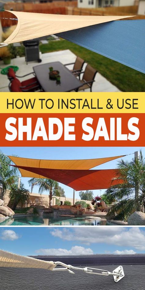 How to Install & Use Shade Sails • The Garden Glove Pergolas, Shade Sails Patio Diy, Pool Shading Ideas, Tarps For Shade Patio, Pool Shade Sail Ideas, How To Install Shade Sails, Shade Sails For Patio With Lights, Shade Covers Outdoor, Diy Sail Shade Post