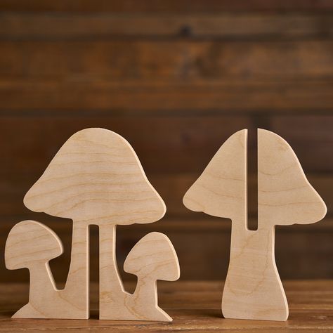 Create an enchanted scene with our unfinished slotted mushrooms. These make for the perfect addition to your fairy garden, gnome display or a flower arrangement. Each mushroom comes with two pieces that can be easily slotted together to create a unique piece. They are easy to finish with paint, stain or embellishments. Dimensions: 7.6"W x 8.2"H (Each when assembled) Material: Made of .5" thick birch plywood Hardware: Easy to display Made in USA Scroll Saw Crafts To Sell, Wood Pieces Crafts, Plywood Cutouts, Plywood Ideas, Art Sculpture En Bois, Easter Scene, Plywood Projects, Space Themed Room, Fox Crafts