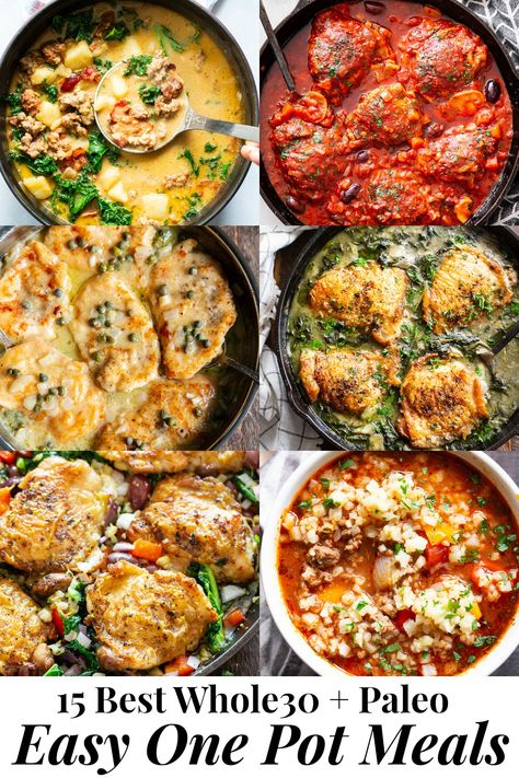 This recipe roundup includes 15 of the best one pot paleo meals featured on Paleo Running Momma!   All are easy and perfect for weekdays when time and energy is lacking.  These one pot meals are also Whole30 compliant and many are low carb and keto friendly.  From creamy tuscan chicken to instant pot chili, there's something to suit everyone's cravings! #paleo #Whole30 #cleaneating Paleo Dinner Recipes, Paleo Running Momma, Paleo Meals, Easy One Pot Meals, Tuscan Chicken, Easy Paleo, Paleo Whole 30, Paleo Dinner, Skillet Meals