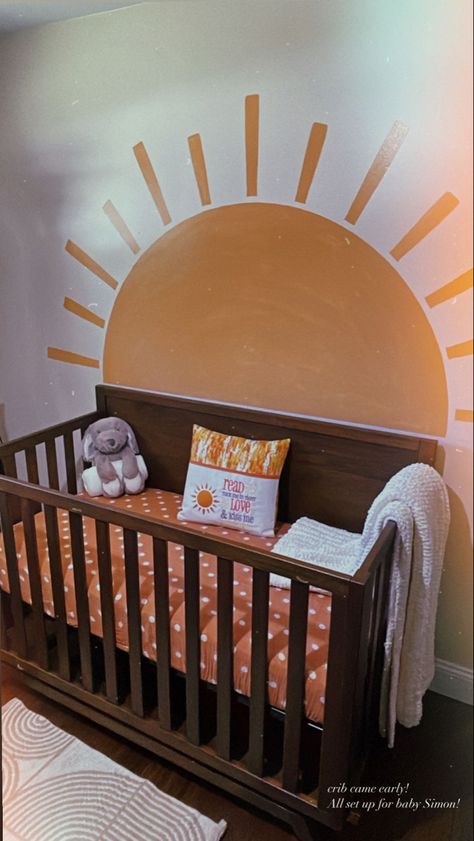 Sun Crib Bedding, Sun Wall Nursery, Sun Painted On Wall Nursery, Boho Sunshine Room, Boho Sun Themed Nursery, Orange Nursery Ideas Gender Neutral, Yellow Sunshine Nursery, Sun Nursery Wall, Ray Of Sunshine Nursery