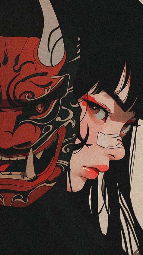 Girl with Devil Mask - iPhone Wallpapers Demon Mask, Japanese Pop Art, Muster Tattoos, Japon Illustration, Aesthetic Pfp, Cool Wallpapers Art, Anime Artwork Wallpaper, Dessin Adorable, Cyberpunk Art