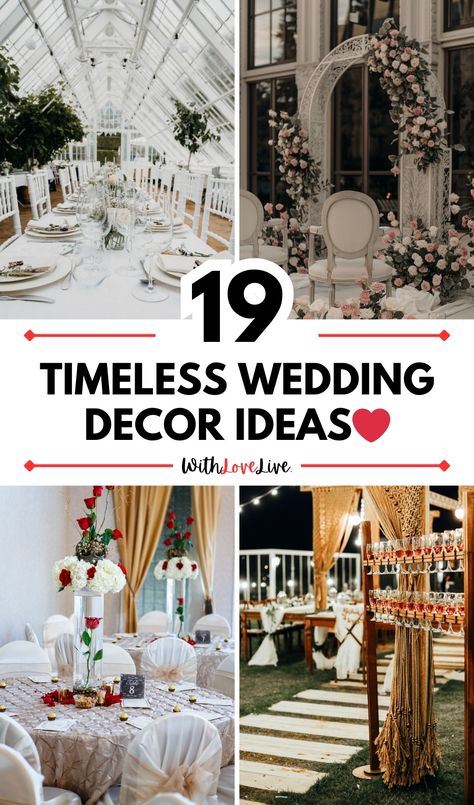 A timeless wedding decor is the ultimate way to ensure your big day is infused with your unique story and will be a celebration that you will look back on fondly for years to come. Selecting a wedding theme that will remain a classic and genuinely reflect the couple’s story is truly a dream come true. Decorating Ideas For Wedding Reception, Timeless Wedding Theme Ideas, Traditional Wedding Entrance Decor, Fairytale Theme Wedding Decor Reception Ideas, Extravagant Wedding Reception Wedding Ceremony Decor, Indoor Wedding Backdrop Ideas, Warehouse Wedding Decor, Royal Wedding Aesthetic Decor, Our Love Story Wedding Display