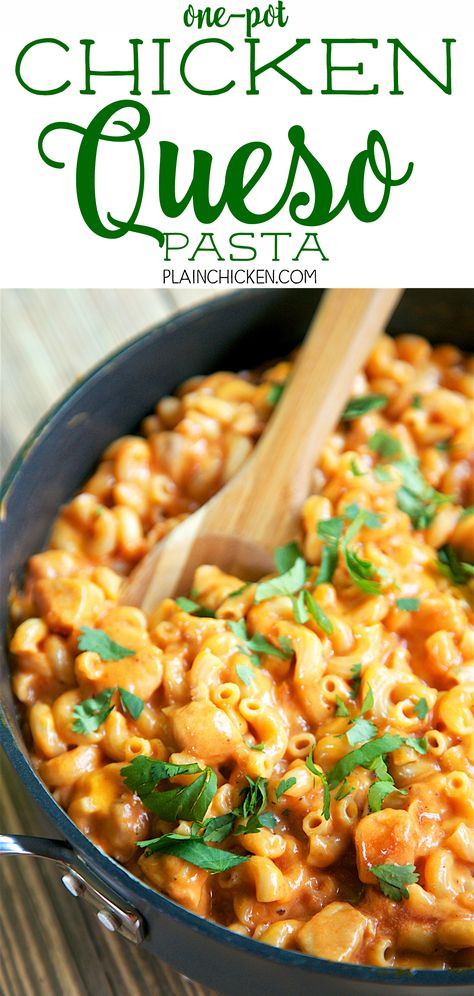 One Pot Chicken Queso Pasta - everything cooks in the same pan, even the pasta! Only 6 ingredients! Chicken, taco seasoning, chicken broth, salsa, pasta and velveeta. Everyone cleaned their plates! Quick, easy Mexican recipe that is ready in 20 minutes! Taco Seasoning Chicken, Queso Pasta, Salsa Pasta, Chicken Queso, Pasta One Pot, Seasoning Chicken, Recipes Easy Quick, Chicken Recipes Easy Quick, Chicken Recipes Easy