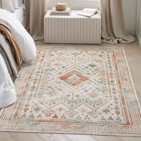 Add instant personality to your space with this boho rug from the Thalia Collection. The intricate Persian-inspired pattern mimics the look of a hand-knotted heirloom rug, with the durability and ease of care of modern fibers. Boho Modern Rug, Rugs To Match Green Sofa, Boho Bedroom Rug Ideas, Bedroom Rug Inspiration, Modern Boho Living Room Rugs, Regular Apartment, Boho Living Room Rug, Boho Rugs Bedroom, Apartment Wishlist