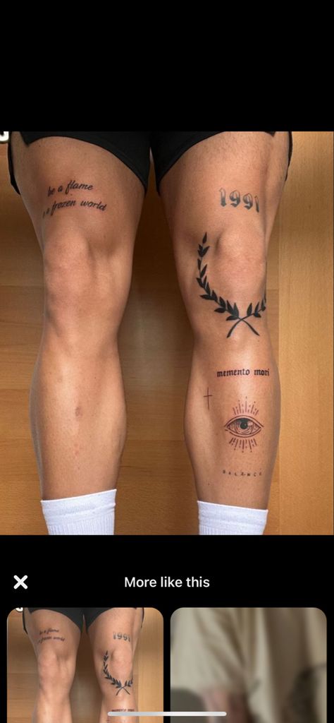 Memento Mori Tattoo Men Leg, Leg Wing Tattoo Men, Tato Legs Man, Number Above Knee Tattoo, Men’s Thigh Tat, 2006 Leg Tattoo, Birth Year Leg Tattoo Men, Minimalist Thigh Tattoos Men, Good Thigh Tattoos