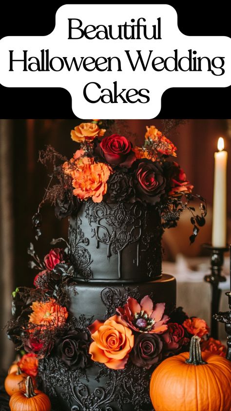 Elegant Halloween wedding cake with dark gothic details, pumpkins, and floral decorations, blending spooky and chic designs for a fall celebration. Dark Halloween Wedding Theme, Moody Halloween Wedding, Moody Wedding Cupcakes, Black Forest Wedding Cake, Dark Wedding Cakes, Black Wedding Cake Ideas, Pumpkin Wedding Cake, Goth Wedding Cake, Moody Wedding Cake