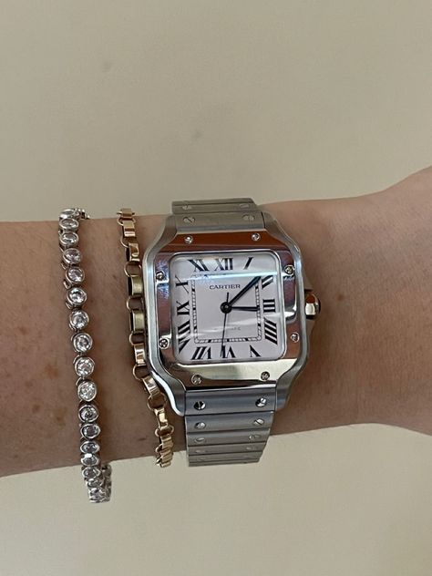 Cartier watch, santos de Cartier, silver tone watch, jewelry stack watch stack Cartier Santos Women, Cartier Santos Watch Woman, Santos Cartier, Cartier Santos Watch, Cartier Watches Women, Wrist Stacks, Cartier Santos, Dream Watches, Cartier Jewelry