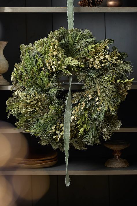 Fresh Noble Fir + Boxwood Wreath | Anthropologie Boxwood Wreath Christmas, Handmade Felt Ornament, Lobby Decor, Vintage Wreath, Evergreen Wreath, Boxwood Wreath, Christmas Mantel Decorations, Jw Marriott, Wreaths & Garlands