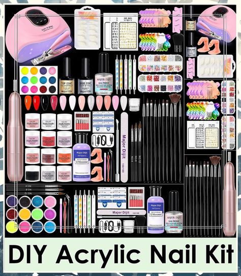 Major Dijit Acrylic Nail Kit with Nail Lamp, 12 Colors Acrylic Powder Acrylic Liquid Top Coat Base Coat Nail Primer and Electric Nail Drill for Gel Nail Kit, DIY Nail Art Tool Cpmplete Starter Kit Nail Art Tool Kit, Diy Nail Art Tools, Nail Primer, Acrylic Nail Shapes, Electric Nail Drill, Acrylic Liquid, Diy Acrylic Nails, Acrylic Nail Kit, Gel Nail Kit