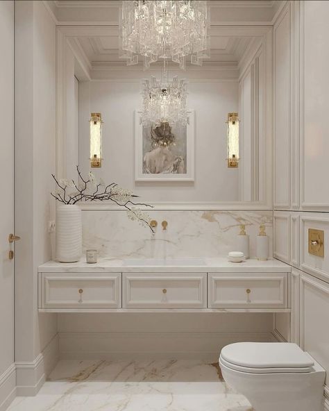 Classic Design Bathroom, Parisian Interior Bathroom, Classic Moodboard Interior Design, Bathroom New Classic, Small Classic Bathroom, Classic Guest Bathroom, Classic Vanity Design, Green Powder Room Ideas, Neo Classical Bathroom