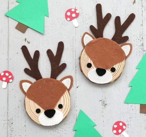 Deer Crafts Diy, Woodland Animal Ornaments Diy, Deer Diy Crafts, Diy Animal Ornaments, Deer Crafts Preschool, Deer Craft For Kids, Wood Slice Reindeer, Deer Crafts, Deer Craft