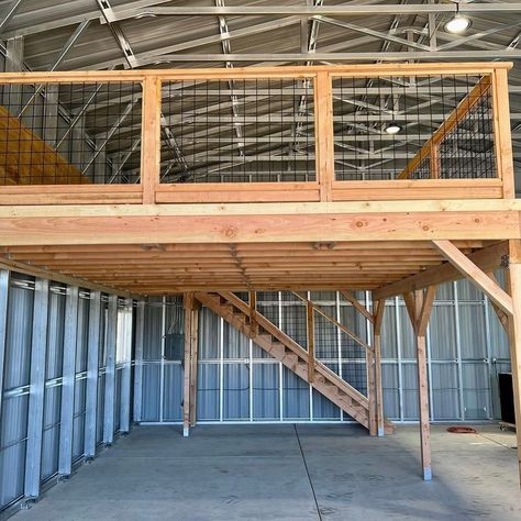 Wild Hog Panels in Woodcrest, CA Garage Mezzanine, Pole Barn Loft, Mezzanine Ideas, Shop Remodel, Pole Barn Loft Ideas, Loft Railing, Barn Loft, Industrial Shop, Wild Hog