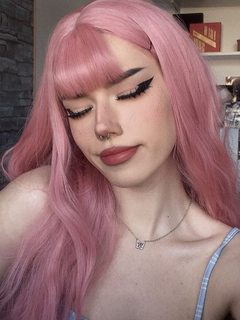 long pink hair inspo, pink hair with bangs, pastel light pink hair, butterfly necklace, egirl inspo, alt inspo, heavy eyeliner inspo, makeup inspo, nose contour, lipstick, fake lashes, manhua / manga lashes, pfp inspo, egirl icons, egirl pfp, pink hair pfp, fake freckles, cute makeup inspo, septum piercing Light Pink Hair With Bangs, Pfp Pink Hair, Pink Hair With Bangs, Egirl Inspo, Egirl Icons, Pink Hair Pfp, Heavy Eyeliner, Pale Pink Hair, Dusty Pink Hair