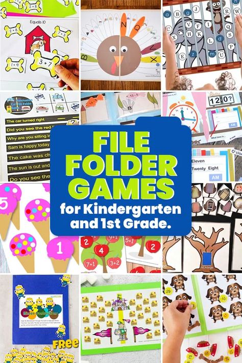 If you're looking for engaging and reusable learning activities for kindergarten and first grade students, these file folder games are just what you need! These file folder activities cover a variety of skills including additon, money, telling time, rhyming, word blends, and more! Simply pick the file folder fun you want to try and print the free file folder game! File Folder Games Kindergarten, File Folder Activities Free Printables Preschool, Math File Folder Games 1st Grade, File Folder Games For First Grade, Free Printable File Folder Activities, File Folder Games For Kindergarten, First Grade Busy Binder, Thanksgiving File Folder Games, Free File Folders Special Education